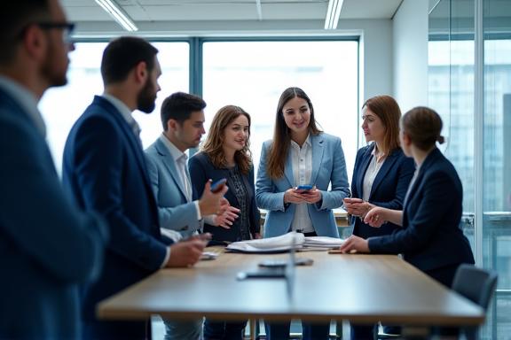 A diverse team of consultants collaborating in a modern office.